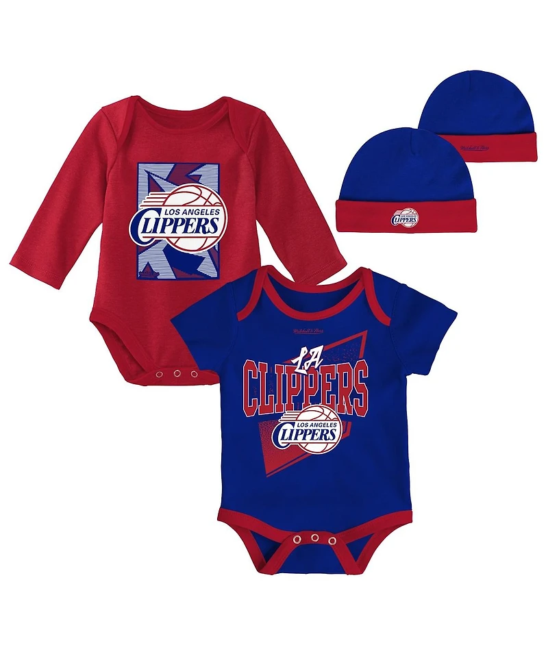 Newborn and Infant Boys Girls Mitchell & Ness Royal, Red La Clippers 3-Piece Hardwood Classics Bodysuits Cuffed Knit Hat Set