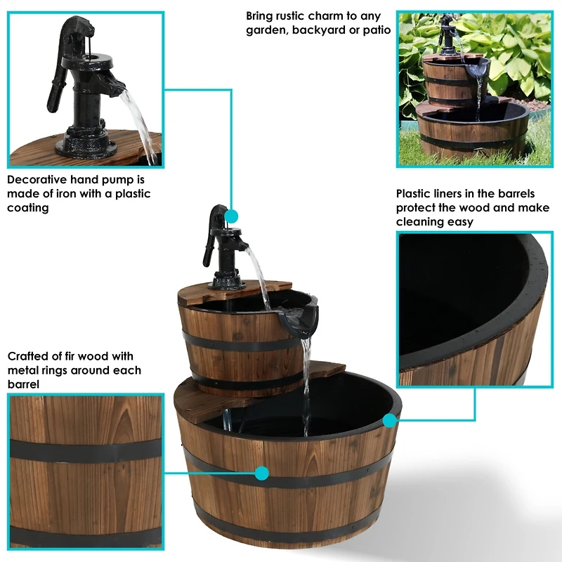 Sunnydaze Decor Country Wood Barrel 23-Inch 2-Tier Water Fountain - Electric Submersible Pump
