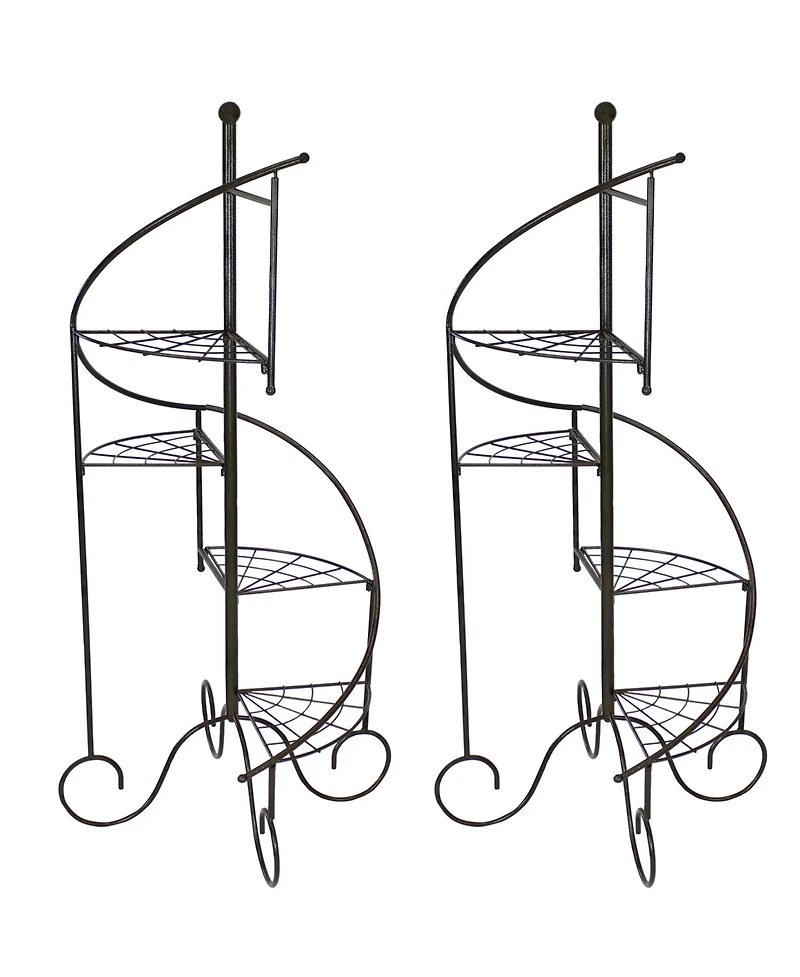 Indoor/Outdoor Iron Metal 4-Tiered Potted Flower Plant Stand with Spiral Staircase Design - 56" - Black - 2pk