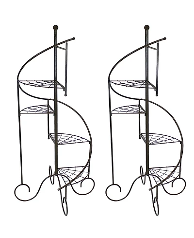 Indoor/Outdoor Iron Metal 4-Tiered Potted Flower Plant Stand with Spiral Staircase Design - 56" - Black - 2pk