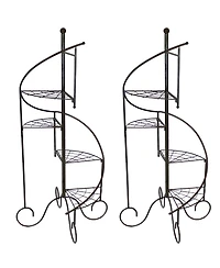 Indoor/Outdoor Iron Metal 4-Tiered Potted Flower Plant Stand with Spiral Staircase Design - 56" - Black - 2pk