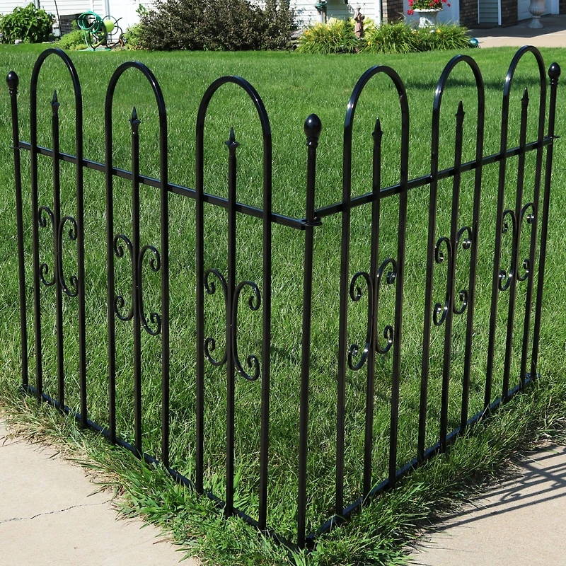 Finial 8' Set of 2 Decorative Garden Fence Panels - Iron Border Fence - 49.25" W x 38.25" H Per Panel - Black