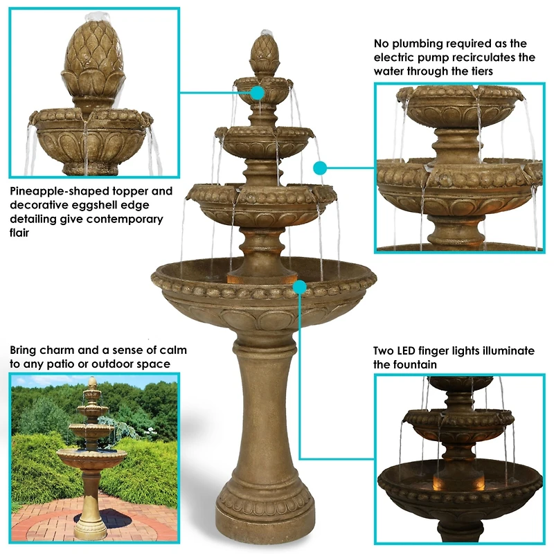 65"H Electric Resin and Concrete 4-Tier Eggshell Edge Outdoor Water Fountain with Led Lights