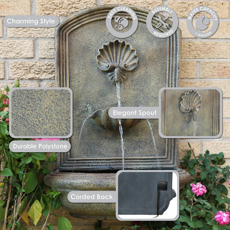 Seaside 27-Inch Polystone Wall-Mounted Solar Fountain - Submersible Pump - Florentine Stone Finish