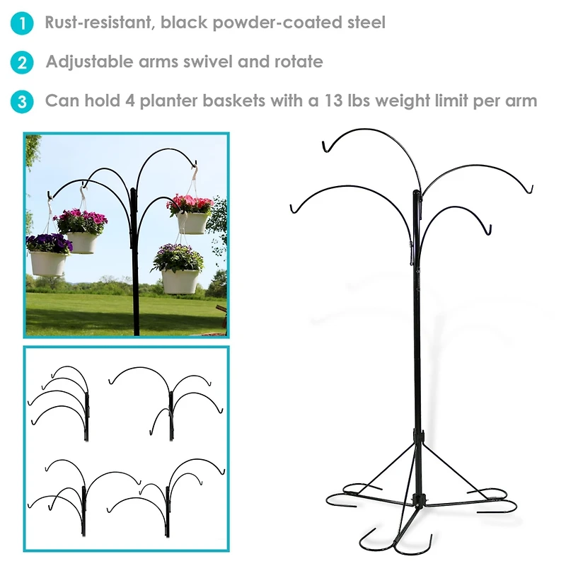 Sunnydaze Decor 4-Arm Hanging Basket Plant Stand with Adjustable Arms - Black - 84"