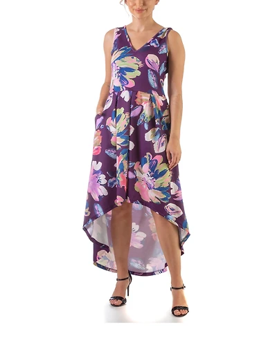 24seven Comfort Apparel Women's Sleeveless Pleated High Low Pocket Dress