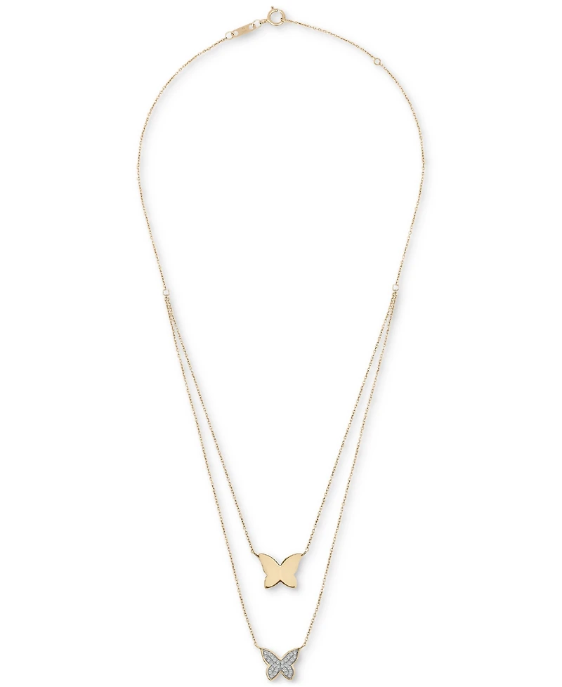 Wrapped Diamond Pave & Polished Butterfly Layered Pendant Necklace (1/6 ct. t.w.) in 10k Gold, 17" + 1" extender, Created for Macy's
