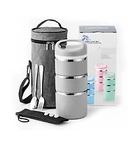 Lille Home Stackable Compartment Lunch Box With Lunch Bag, Cutlery Set, Grey