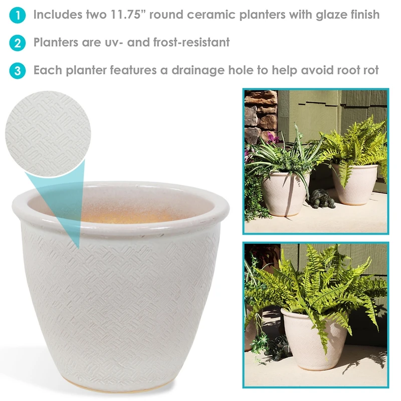 Ocean Villa Decorative Glazed Ceramic Outdoor Planters for Greenery or Flowers - 11.75" - Pearl - 2pc
