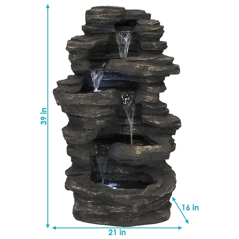 Sunnydaze Decor Rock Falls 39-Inch Polystone Outdoor Water Fountain with Led Lights