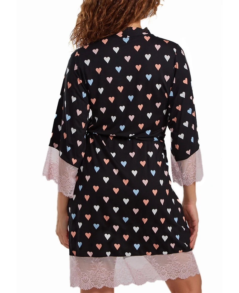 iCollection women's Tobey Modal Hearts Robe Trimmed Contrast Lace with Self Tie Sash