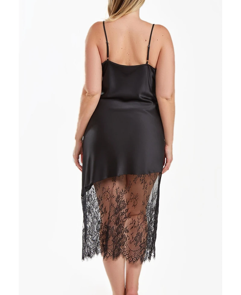 iCollection Jeanie Plus Satin Gown with Front Drape and Floral Eyelash Lace Contrast