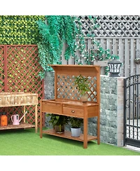Garden Potting Bench Table Wooden Workstation w/ Metal Screen, Drawer