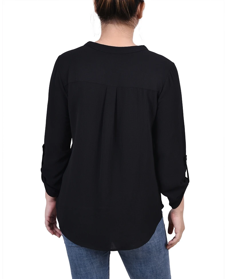Ny Collection Petite 3/4 Sleeve Mandarin Collar Blouse with Front Pleats