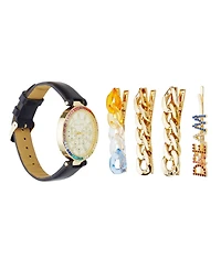 Jessica Carlye Women's Quartz Movement Black Leather Strap Analog Watch, 38mm with Hair Pin Set