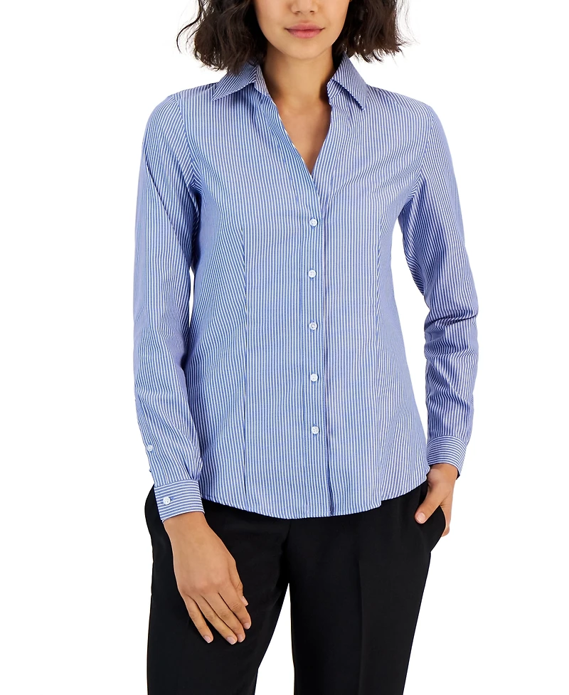 Jones New York Women's Striped Easy Care Button Up Long Sleeve Blouse