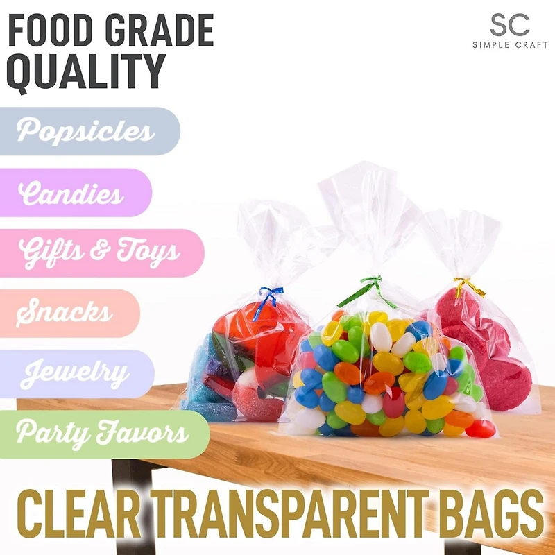 200 Pack Candy Treat Cellophane Bags - 5x7 Thick Plastic Candy Bags with Ties for Goodie Bags