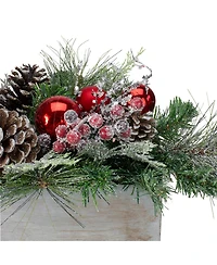 Northlight Mixed Pine and Ornaments Artificial Christmas Arrangement in Wood Planter, 24"