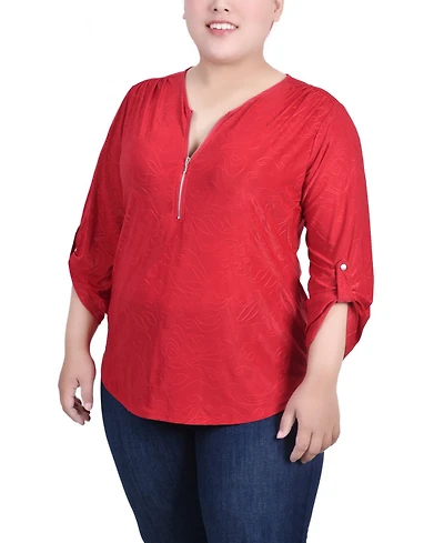 Ny Collection Plus 3/4 Roll Tab Zip Front Jacquard Knit Top
