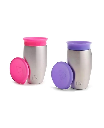 Munchkin Toddler Miracle Stainless Steel 360 Sippy Cup, 10 oz, 2 Pack, Pink/Purple