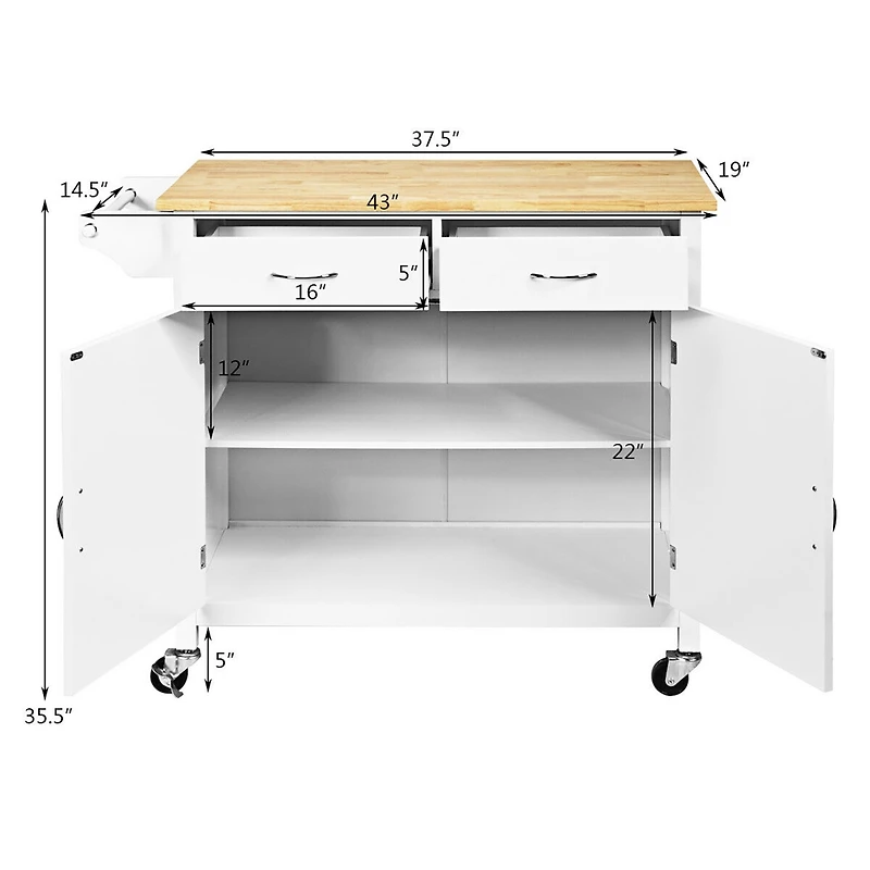 Costway Modern Rolling Kitchen Cart Island Wood Top Storage Trolley Cabinet Utility New White