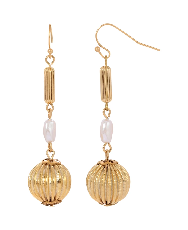 2028 Women's Gold-Tone Round Fluted Bead with Rice Shaped White Imitation Pearl Earrings
