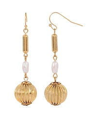 2028 Women's Gold-Tone Round Fluted Bead with Rice Shaped White Imitation Pearl Earrings