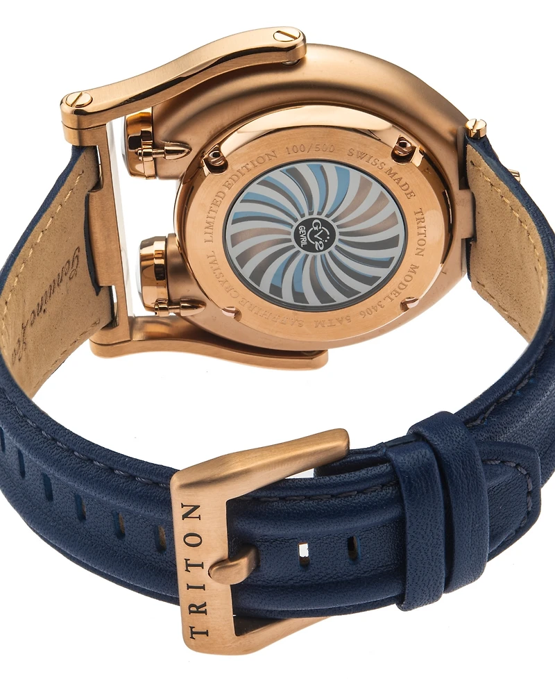 GV2 by Gevril Men's Triton Automatic Blue Genuine Leather Strap Watch 49mm