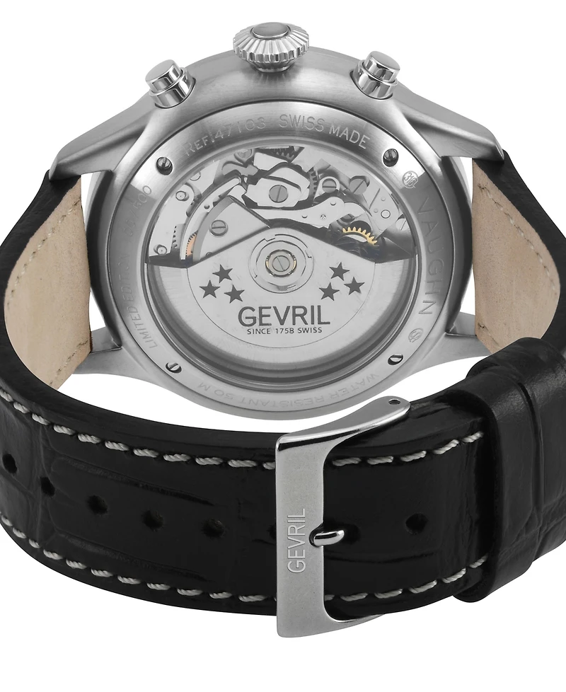 Gevril Men's Vaughn Swiss Automatic Black Italian Leather Strap Watch 44mm