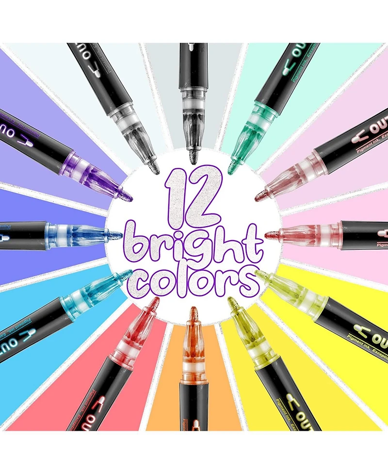Double Line Outline Markers - 12 Dual Colored Outline Pens Self-Outline Metallic Markers