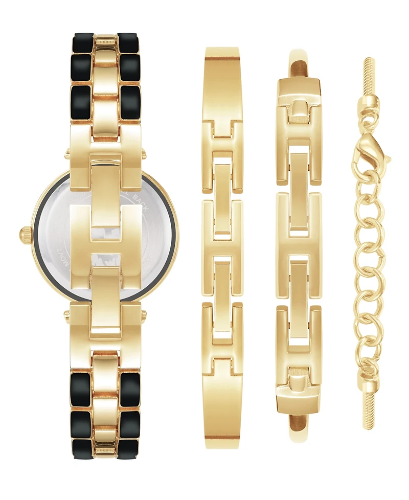 Anne Klein Women's Gold-Tone Alloy Bracelet with Black Enamel and Crystal Accents Fashion Watch 34mm Set 4 Pieces
