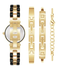 Anne Klein Women's Gold-Tone Alloy Bracelet with Black Enamel and Crystal Accents Fashion Watch 34mm Set 4 Pieces