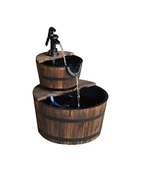Outsunny 2 Tier Fountain Rustic Wood Barrel Water Fountain w/ Pump Garden Decor
