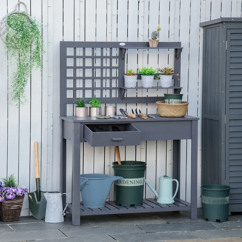 Outsunny Potting Bench Table Workstation w/ Tiers of Shelves and Drawer,