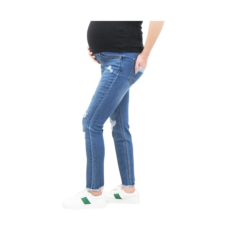 Indigo Poppy Chewed Hem Maternity Skinny Jean with Destructed Back Pocket