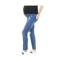 Indigo Poppy Chewed Hem Maternity Skinny Jean with Destructed Back Pocket