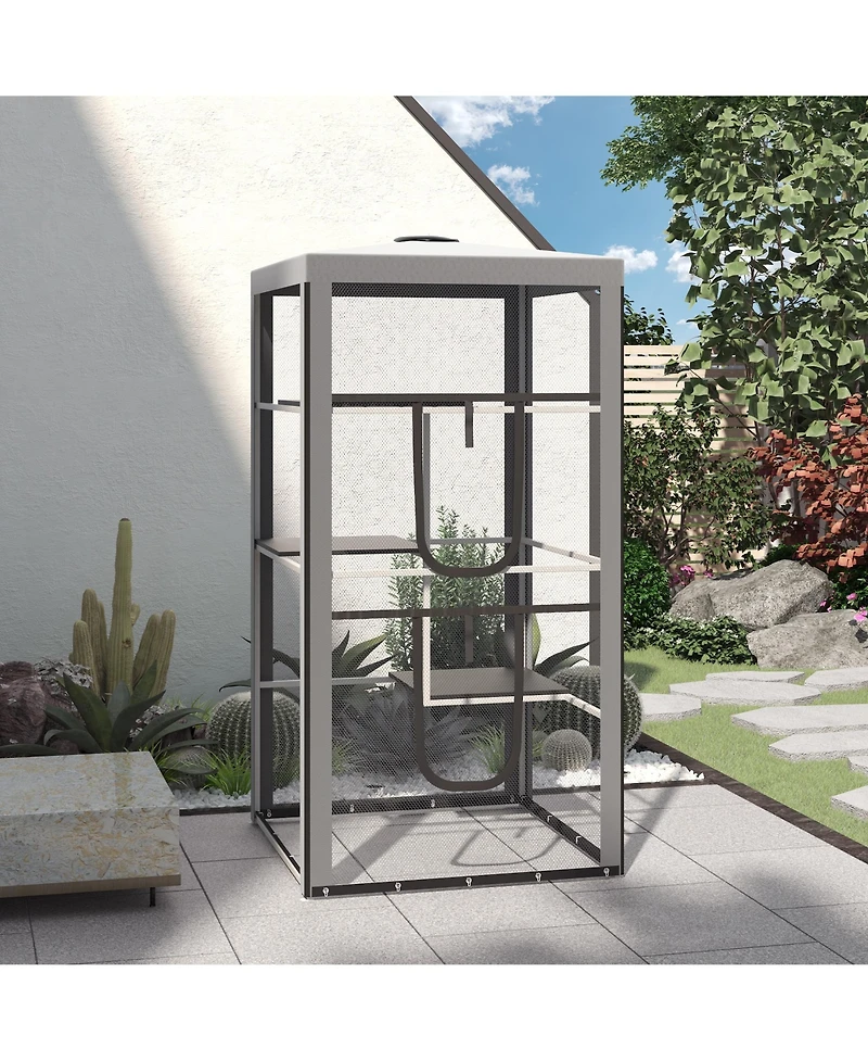 PawHut Large Outdoor Cat House Indoor Pet Playpen w/ 3 Platforms 4 Sandbags