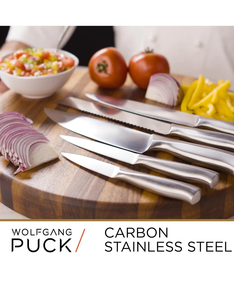 Wolfgang Puck 6-Piece Stainless Steel Knife Set with Knife Block Carbon Stainless Steel Blades and Ergonomic Handles Blonde Wood Block with Acrylic Sa