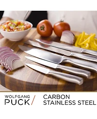 Wolfgang Puck 6-Piece Stainless Steel Knife Set with Knife Block Carbon Stainless Steel Blades and Ergonomic Handles Blonde Wood Block with Acrylic Sa