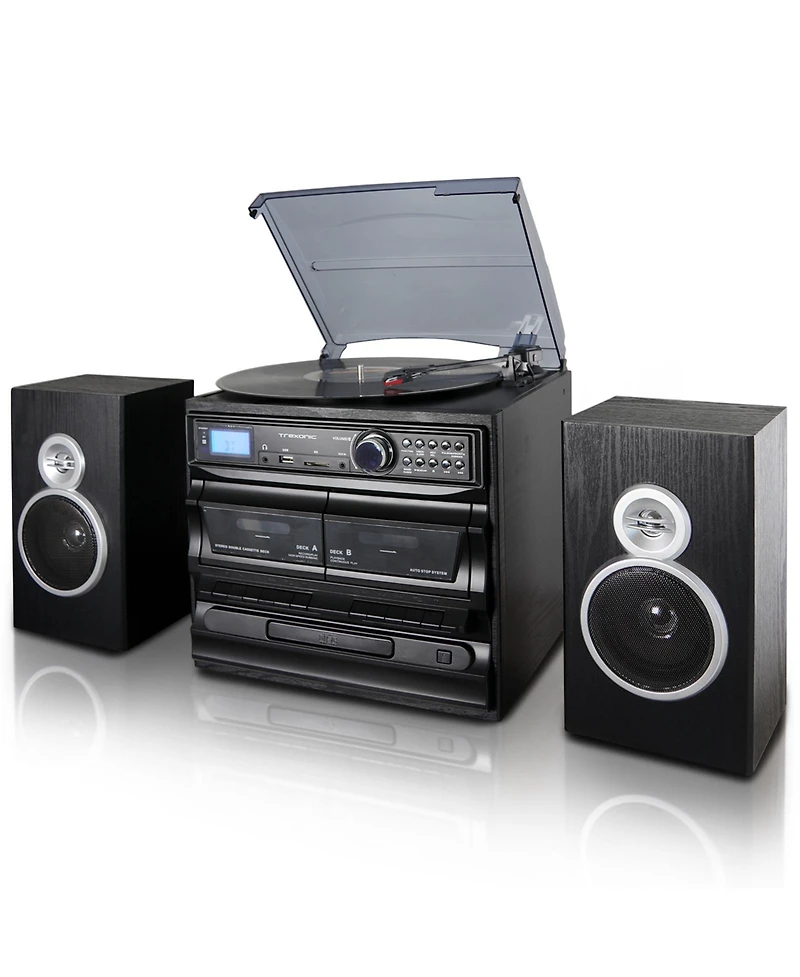 Trexonic 3-Speed Vinyl Turntable Home Stereo System with Cd Player, Dual Cassette Player, Bluetooth, Fm Radio & Usb/Sd Recording and Wired Speakers