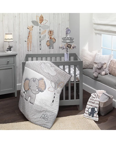 Lambs & Ivy Jungle Safari Elephant 3-Piece Mini Crib Bedding Set - Gray/White