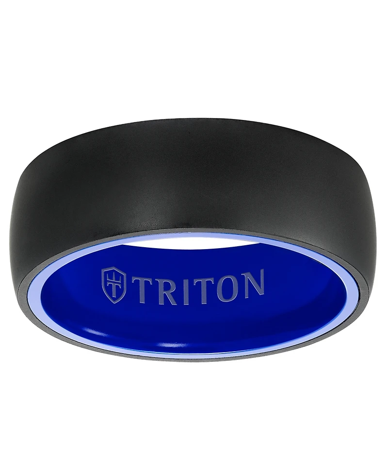 Triton Men's Rounded Edge Wedding Band in Blue Ceramic & Raw Black Tungsten Carbide
