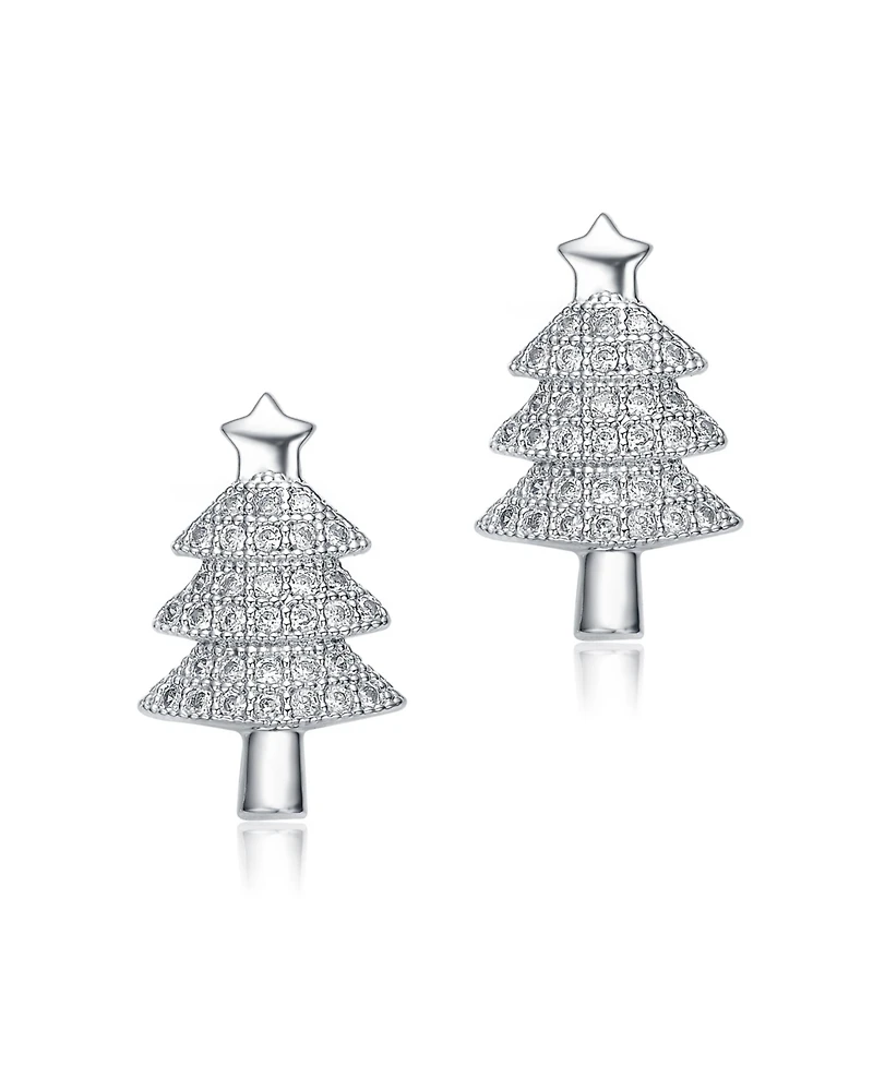 Sterling Silver with Rhodium Plated Clear Round Cubic Zirconia Pave Christmas Tree Earrings