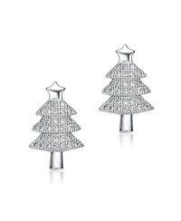 Sterling Silver with Rhodium Plated Clear Round Cubic Zirconia Pave Christmas Tree Earrings