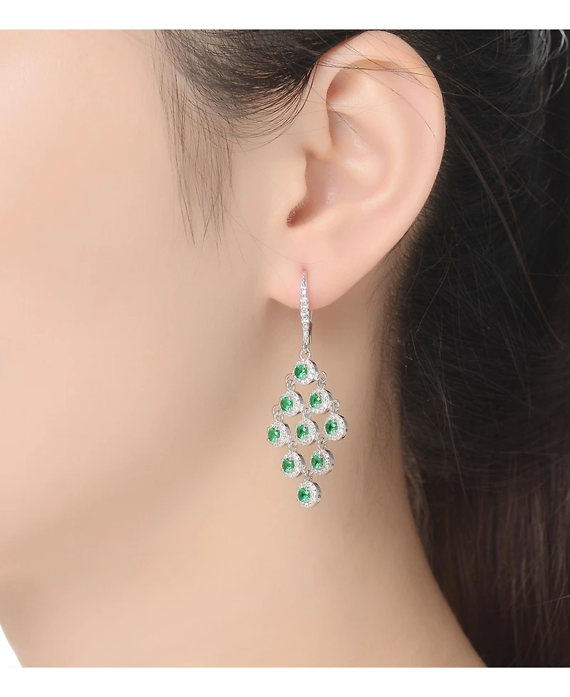 Cubic Zirconia Sterling Silver Rhodium Plated Green Round Chandelier Earrings