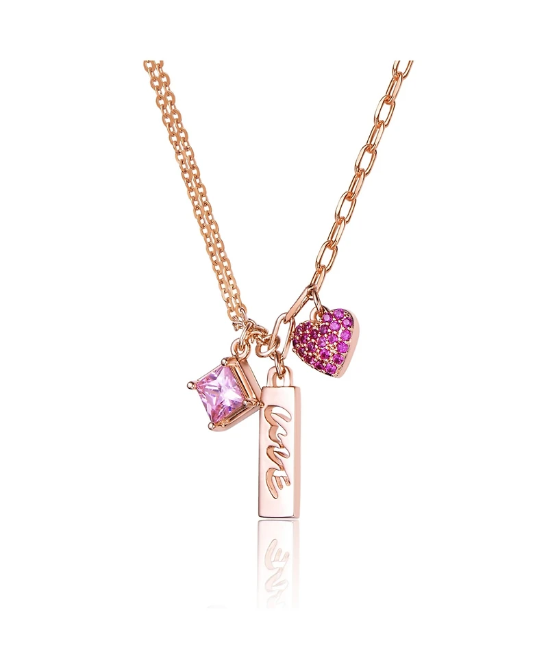 Sterling Silver 18K Rose Plated Red Cubic Zirconia Heart Necklace