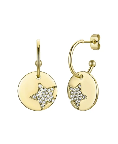 14k Gold Plated with Cubic Zirconia Star Medallion Charm C-Hoop Earrings
