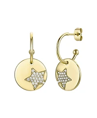 14k Gold Plated with Cubic Zirconia Star Medallion Charm C-Hoop Earrings
