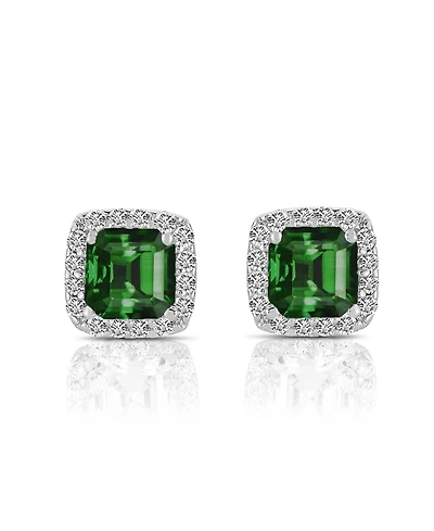 Cubic Zirconia Sterling Silver Rhodium Plated Green Square Shape Assher Cut Earrings
