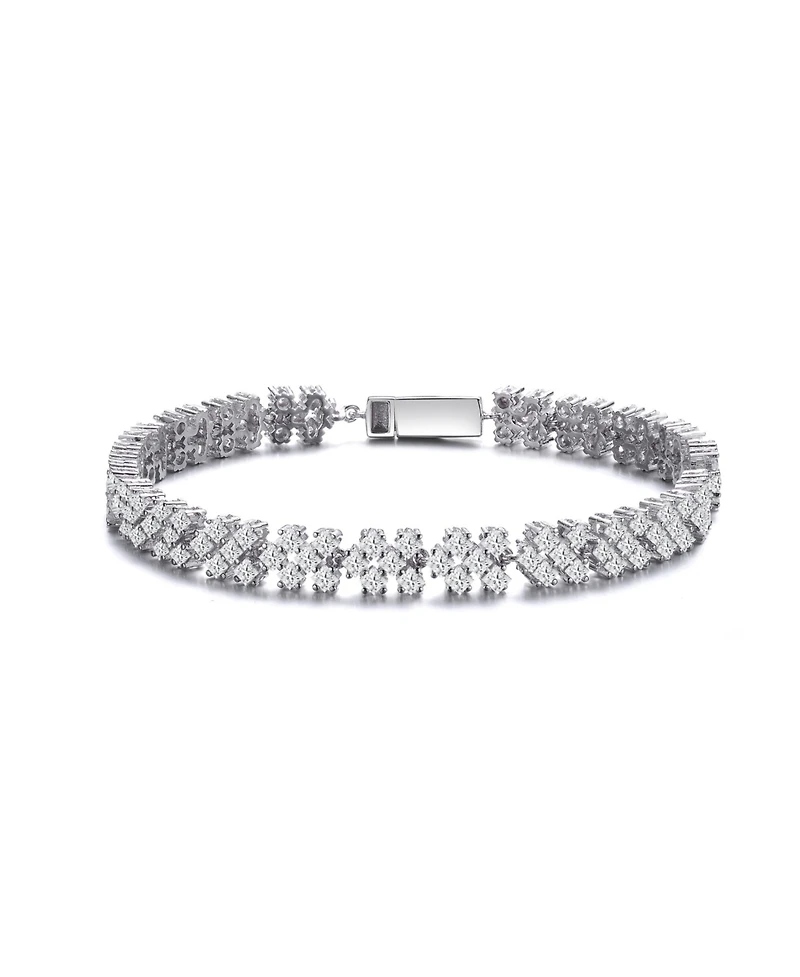 Sterling Silver with Rhodium Plated Clear Round Cubic Zirconia Milgrain Bezel Tennis Bracelet